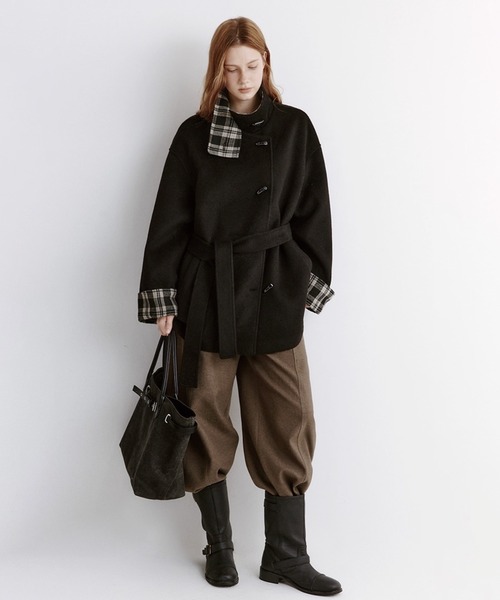 スタンドカラー チェック柄ライナー ウールハーフコート FD25W059