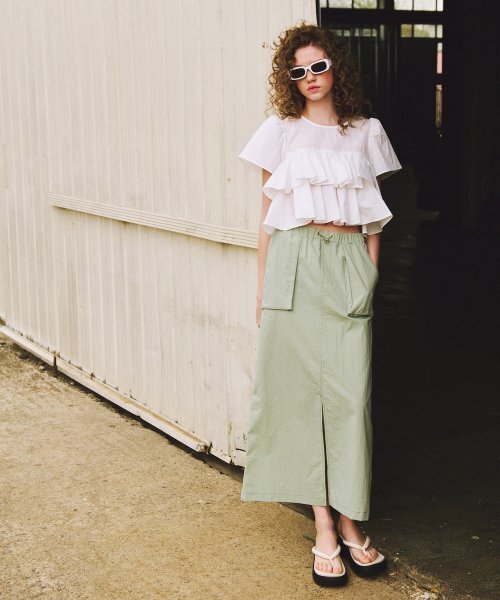 ETMON(エトモン)の「Pocket Stitch Maxi Skirt, Light Green(スカート・レディース・その他・FREE)」の1枚目の写真