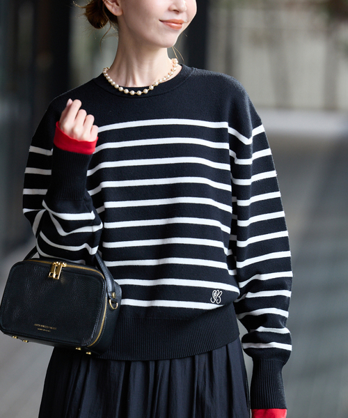 SLOBE IENA(スローブイエナ)の「パネルボーダーニット(ニット/セーター・レディース・ホワイト/ブラック・FREE)」の1枚目の写真