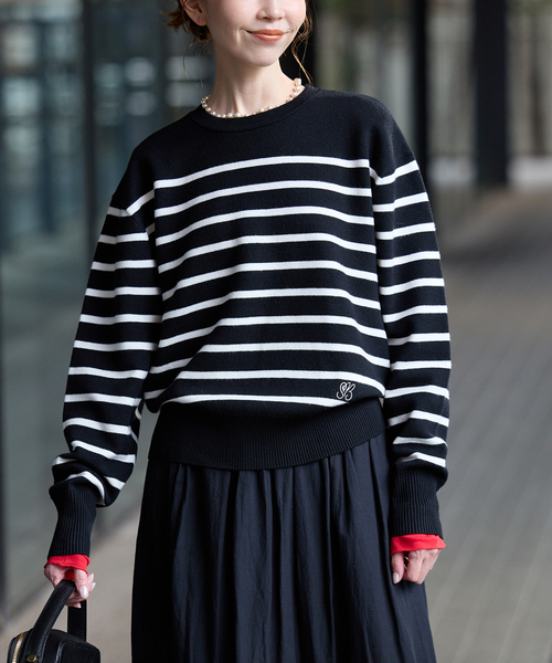 SLOBE IENA(スローブイエナ)の「パネルボーダーニット(ニット/セーター・レディース・ホワイト/ブラック・FREE)」の9枚目の写真