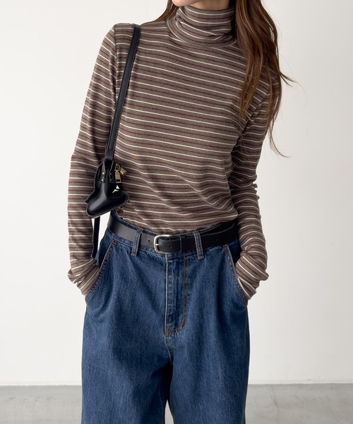 CANAL JEAN（キャナルジーン）の「El mar　ランダムボーダーハイネックロンT（Tシャツ/カットソー・レディース・グレー/ブラウン・ONE SIZE）」の2枚目の写真