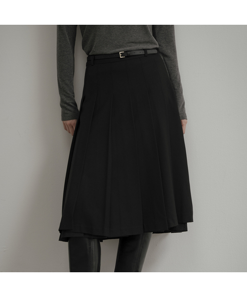 Sheer layered pleats skirt [KNFW03SK02]_Black