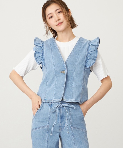 SOMETHING（サムシング）の「SOMETHING フリルスリーブビスチェ（その他トップス・レディース・ピンク/ライトインディゴブルー/ダークインディゴブルー・FREE）」の3枚目の写真