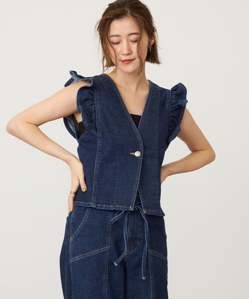 SOMETHING（サムシング）の「SOMETHING フリルスリーブビスチェ（その他トップス・レディース・ピンク/ライトインディゴブルー/ダークインディゴブルー・FREE）」の2枚目の写真