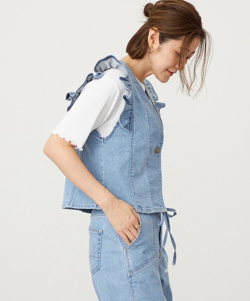 SOMETHING（サムシング）の「SOMETHING フリルスリーブビスチェ（その他トップス・レディース・ピンク/ライトインディゴブルー/ダークインディゴブルー・FREE）」の14枚目の写真