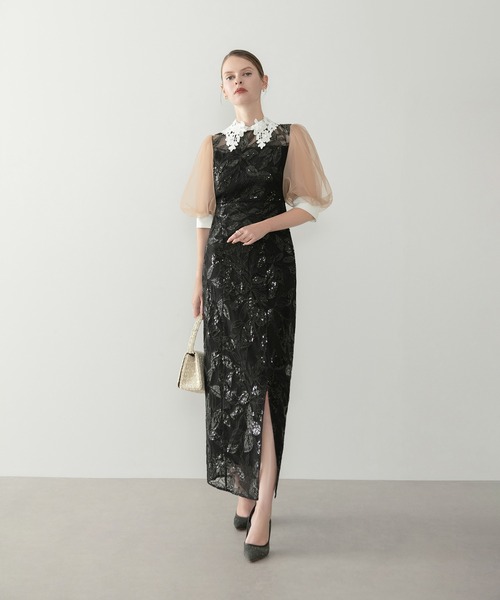 セール】【LEJA】レースカラーリーフスパンコールパフスリーブIライン