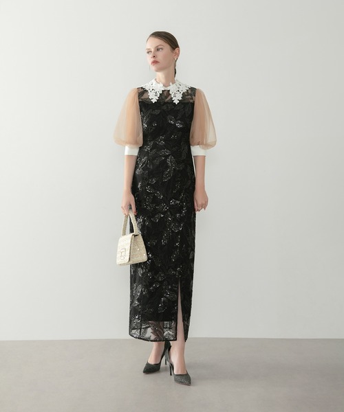Leja（レジャ）の「【LEJA】レースカラーリーフスパンコールパフスリーブIラインワンピースドレス美脚効果結婚式 パーティードレス 成人式 二次会 同窓会 お呼ばれ オケージョン 20代 30代（ドレス・レディース・ブラック/グレー・SMALL/MEDIUM）」の4枚目の写真