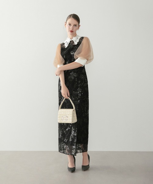Leja（レジャ）の「【LEJA】レースカラーリーフスパンコールパフスリーブIラインワンピースドレス美脚効果結婚式 パーティードレス 成人式 二次会 同窓会 お呼ばれ オケージョン 20代 30代（ドレス・レディース・ブラック/グレー・SMALL/MEDIUM）」の5枚目の写真