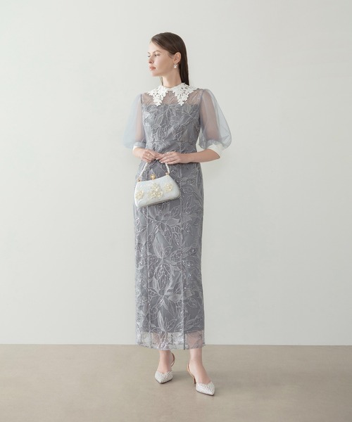 Leja（レジャ）の「【LEJA】レースカラーリーフスパンコールパフスリーブIラインワンピースドレス美脚効果結婚式 パーティードレス 成人式 二次会 同窓会 お呼ばれ オケージョン 20代 30代（ドレス・レディース・ブラック/グレー・SMALL/MEDIUM）」の10枚目の写真