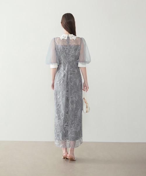 Leja（レジャ）の「【LEJA】レースカラーリーフスパンコールパフスリーブIラインワンピースドレス美脚効果結婚式 パーティードレス 成人式 二次会 同窓会 お呼ばれ オケージョン 20代 30代（ドレス・レディース・ブラック/グレー・SMALL/MEDIUM）」の15枚目の写真
