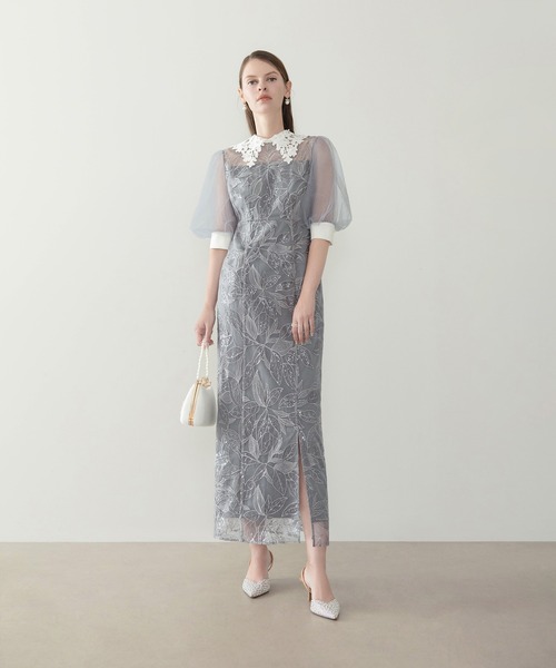 Leja（レジャ）の「【LEJA】レースカラーリーフスパンコールパフスリーブIラインワンピースドレス美脚効果結婚式 パーティードレス 成人式 二次会 同窓会 お呼ばれ オケージョン 20代 30代（ドレス・レディース・ブラック/グレー・SMALL/MEDIUM）」の14枚目の写真