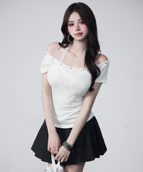 VEILA(ヴェイラ)の「フェイクレイヤード ホルターネック レースアップ ショートTシャツ(Tシャツ/カットソー・レディース・グレー/ホワイト・フリー)」の14枚目の写真