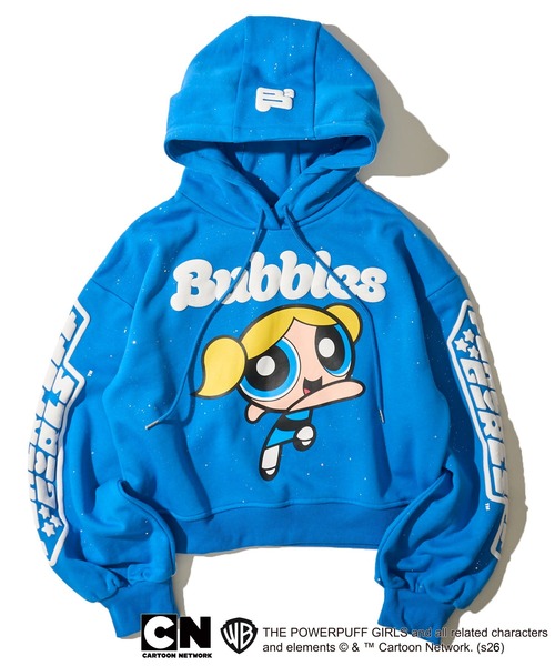 ADPOSION（アドポーション）の「【THE POWERPUFF GIRLS / パワーパフガールズ】ガールズプリント クロップドラメフーディー セットアップ対応（パーカー・レディース・グリーン/レッド/ブルー・FREE）」の3枚目の写真