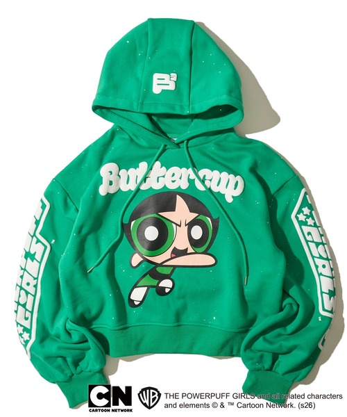 ADPOSION（アドポーション）の「【THE POWERPUFF GIRLS / パワーパフガールズ】ガールズプリント クロップドラメフーディー セットアップ対応（パーカー・レディース・グリーン/レッド/ブルー・FREE）」の2枚目の写真