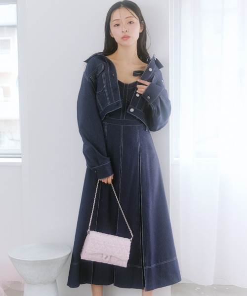 JILL by JILL STUART(ジルバイジルスチュアート)の「デニムライク配色ステッチビスチェジャンスカ(ワンピース・レディース・ピンク/ネイビー・MEDIUM/SMALL)」の1枚目の写真
