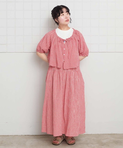 l'atelier du savon（アトリエドサボン）の「ちぢみギンガム リボンのついたまんまるブラウス（シャツ/ブラウス・レディース・レッド・FREE）」の10枚目の写真