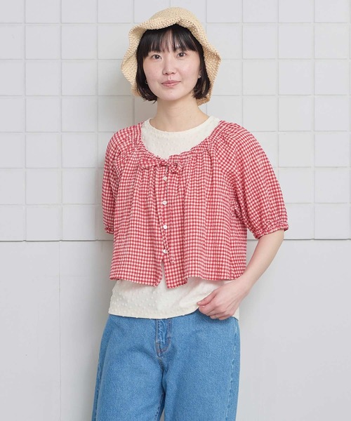 l'atelier du savon（アトリエドサボン）の「ちぢみギンガム リボンのついたまんまるブラウス（シャツ/ブラウス・レディース・レッド・FREE）」の9枚目の写真
