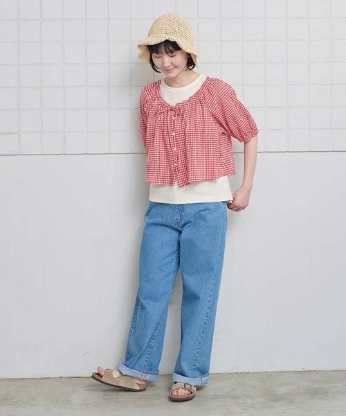 l'atelier du savon（アトリエドサボン）の「ちぢみギンガム リボンのついたまんまるブラウス（シャツ/ブラウス・レディース・レッド・FREE）」の12枚目の写真