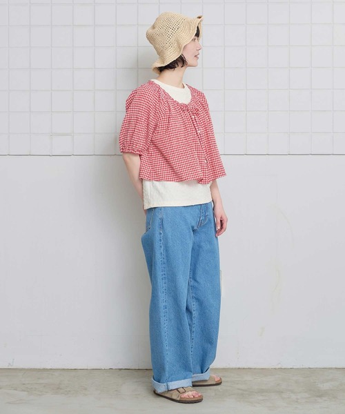 l'atelier du savon（アトリエドサボン）の「ちぢみギンガム リボンのついたまんまるブラウス（シャツ/ブラウス・レディース・レッド・FREE）」の15枚目の写真