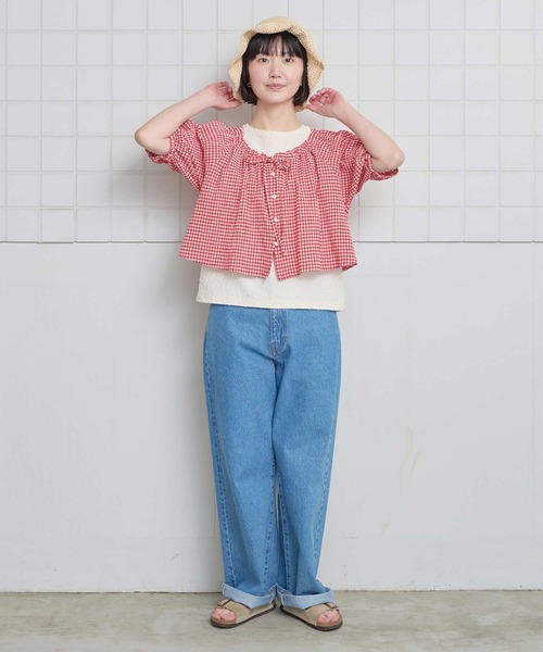 l'atelier du savon（アトリエドサボン）の「ちぢみギンガム リボンのついたまんまるブラウス（シャツ/ブラウス・レディース・レッド・FREE）」の16枚目の写真