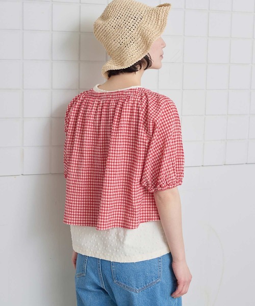 l'atelier du savon（アトリエドサボン）の「ちぢみギンガム リボンのついたまんまるブラウス（シャツ/ブラウス・レディース・レッド・FREE）」の4枚目の写真