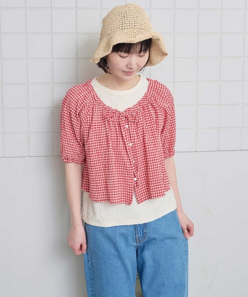 l'atelier du savon（アトリエドサボン）の「ちぢみギンガム リボンのついたまんまるブラウス（シャツ/ブラウス・レディース・レッド・FREE）」の5枚目の写真