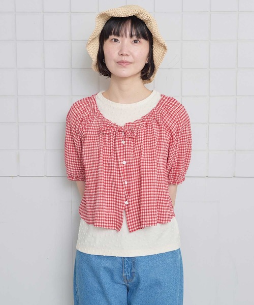 l'atelier du savon（アトリエドサボン）の「ちぢみギンガム リボンのついたまんまるブラウス（シャツ/ブラウス・レディース・レッド・FREE）」の6枚目の写真