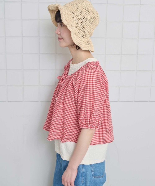 l'atelier du savon（アトリエドサボン）の「ちぢみギンガム リボンのついたまんまるブラウス（シャツ/ブラウス・レディース・レッド・FREE）」の8枚目の写真
