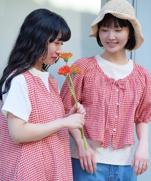 l'atelier du savon（アトリエドサボン）の「ちぢみギンガム リボンのついたまんまるブラウス（シャツ/ブラウス・レディース・レッド・FREE）」の20枚目の写真