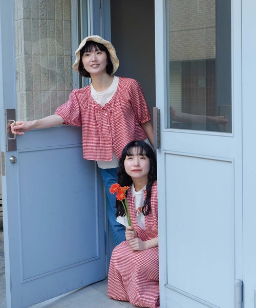 l'atelier du savon（アトリエドサボン）の「ちぢみギンガム リボンのついたまんまるブラウス（シャツ/ブラウス・レディース・レッド・FREE）」の21枚目の写真