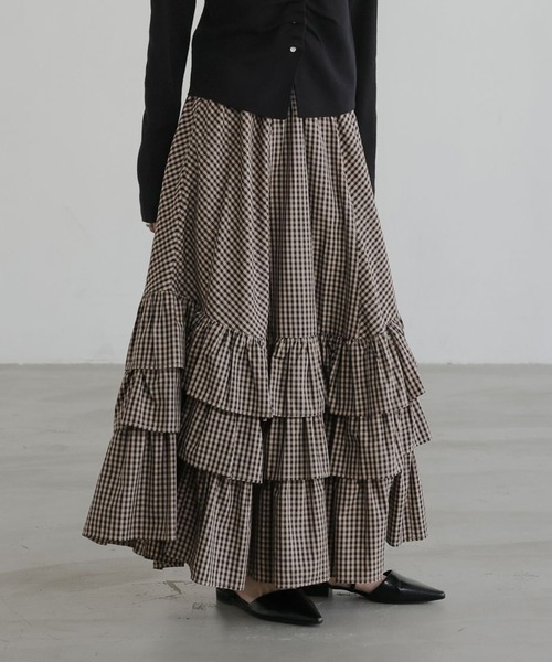 LOWRYS FARM（ローリーズファーム）の「チェックフリルボリュームスカート 639580（スカート・レディース・ライトブルー/ブラウン・FREE）」の2枚目の写真