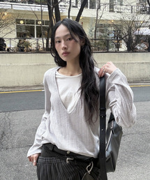 ディープVネックレイヤードリブTシャツダスティラベンダー