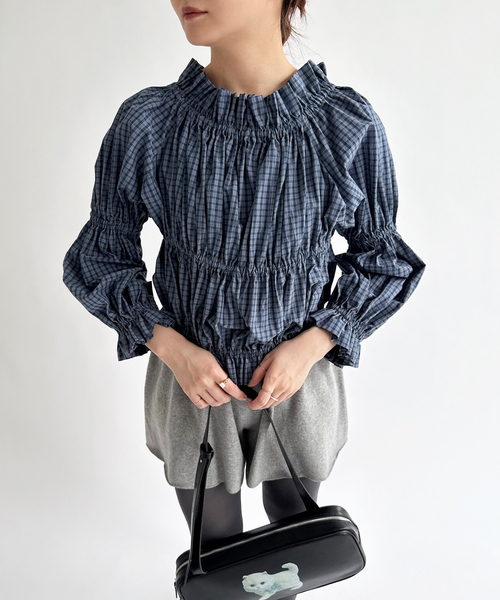 EDIT. FOR LULU(エディットフォールル)の「チェックボウブラウス(シャツ/ブラウス・レディース・ネイビー/チャコールグレー・FREE)」の4枚目の写真