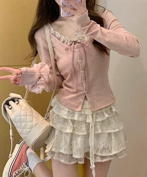 Nia(ニア)の「【人気急上昇アイテム!】Nia(ニア)/レイヤード風レースリボンカットソー(Tシャツ/カットソー・レディース・ピンク/ブルー/グレー・MEDIUM/SMALL)」の6枚目の写真
