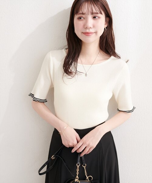 natural couture(ナチュラルクチュール)の「フリルシアー配色リブニットプルオーバー(ニット/セーター・レディース・ピンク/オフホワイト/ブラック/サックスブルー・FREE)」の2枚目の写真