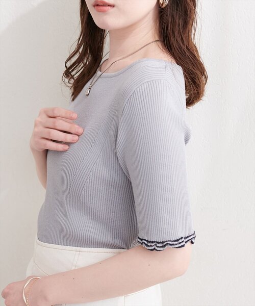natural couture(ナチュラルクチュール)の「フリルシアー配色リブニットプルオーバー(ニット/セーター・レディース・ピンク/オフホワイト/ブラック/サックスブルー・FREE)」の3枚目の写真