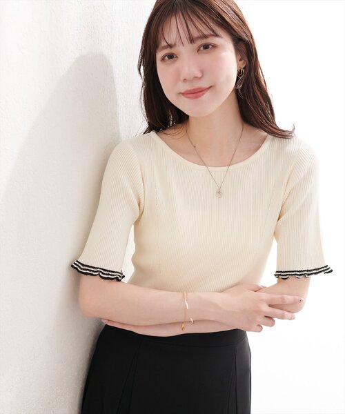 natural couture(ナチュラルクチュール)の「フリルシアー配色リブニットプルオーバー(ニット/セーター・レディース・ピンク/オフホワイト/ブラック/サックスブルー・FREE)」の10枚目の写真