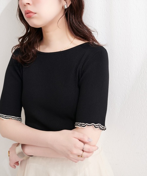 natural couture(ナチュラルクチュール)の「フリルシアー配色リブニットプルオーバー(ニット/セーター・レディース・ピンク/オフホワイト/ブラック/サックスブルー・FREE)」の1枚目の写真