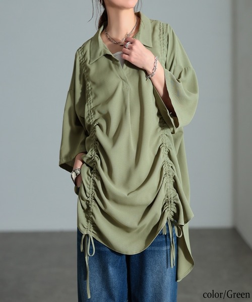 GOLDJAPAN(ゴールドジャパン)の「冷感シャーリングオーバーシャツチュニック【大きいサイズ対応】(チュニック・レディース・グリーン/ブラック/グレー系その他・LL/3L/4L/5L)」の1枚目の写真