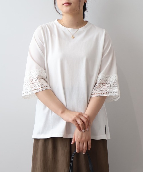 MB mint breeze(エムビーミントブリーズ)の「【L~6L 大きいサイズ】コットン天竺レーススリーブカットソー(Tシャツ/カットソー・レディース・ブラック/オフホワイト/グリーン・5L/4L/3L/LL/6L)」の2枚目の写真