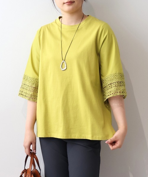 MB mint breeze(エムビーミントブリーズ)の「【L~6L 大きいサイズ】コットン天竺レーススリーブカットソー(Tシャツ/カットソー・レディース・ブラック/オフホワイト/グリーン・5L/4L/3L/LL/6L)」の3枚目の写真