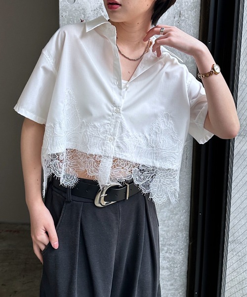 PAGEBOY（ページボーイ）の「レースドッキングショートシャツ（シャツ/ブラウス・レディース・ブラック/ブルー/オフホワイト・FREE）」の8枚目の写真
