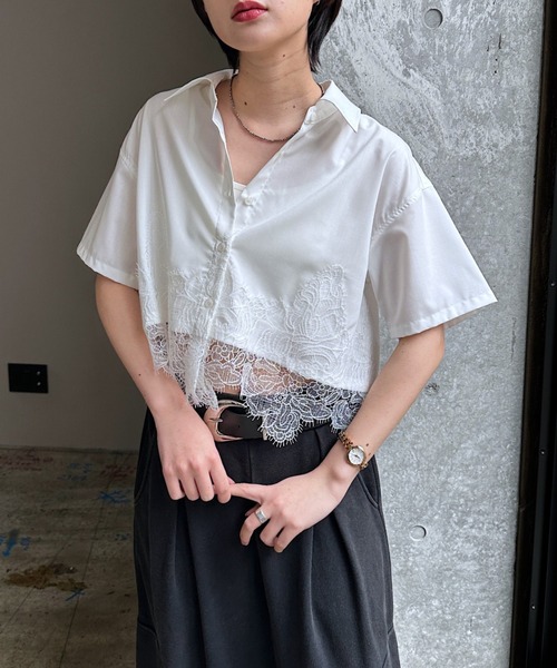 PAGEBOY（ページボーイ）の「レースドッキングショートシャツ（シャツ/ブラウス・レディース・ブラック/ブルー/オフホワイト・FREE）」の9枚目の写真