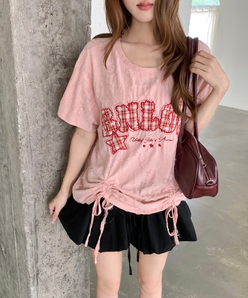 Sibra(シブラ)の「遊び心を効かせたヴィンテージムード。チェックロゴ刺繍ドロストTシャツ(Tシャツ/カットソー・レディース・ブラック/アイボリー/ピンク/グレー・M)」の4枚目の写真