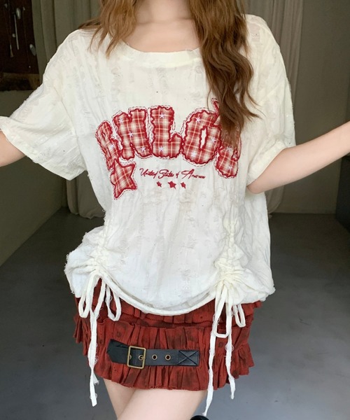 Sibra(シブラ)の「遊び心を効かせたヴィンテージムード。チェックロゴ刺繍ドロストTシャツ(Tシャツ/カットソー・レディース・ブラック/アイボリー/ピンク/グレー・M)」の1枚目の写真