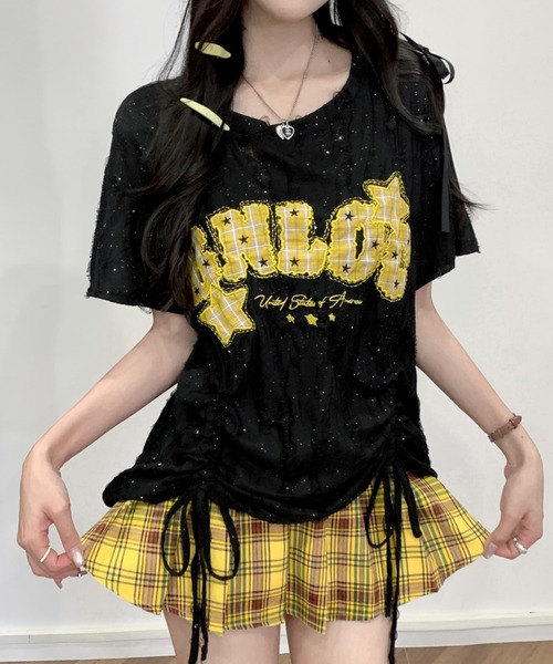Sibra(シブラ)の「遊び心を効かせたヴィンテージムード。チェックロゴ刺繍ドロストTシャツ(Tシャツ/カットソー・レディース・ブラック/アイボリー/ピンク/グレー・M)」の2枚目の写真
