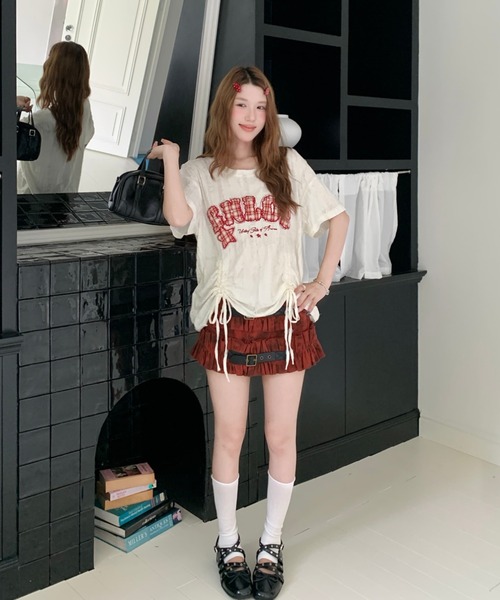 Sibra(シブラ)の「遊び心を効かせたヴィンテージムード。チェックロゴ刺繍ドロストTシャツ(Tシャツ/カットソー・レディース・ブラック/アイボリー/ピンク/グレー・M)」の7枚目の写真