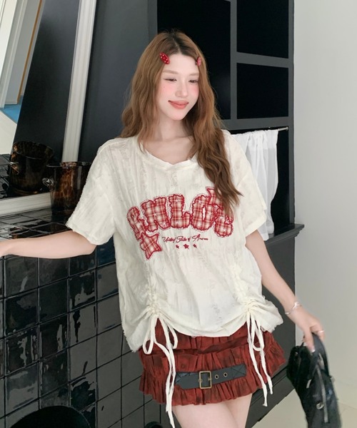 Sibra(シブラ)の「遊び心を効かせたヴィンテージムード。チェックロゴ刺繍ドロストTシャツ(Tシャツ/カットソー・レディース・ブラック/アイボリー/ピンク/グレー・M)」の9枚目の写真