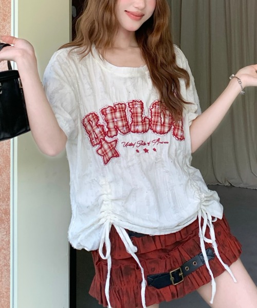 Sibra(シブラ)の「遊び心を効かせたヴィンテージムード。チェックロゴ刺繍ドロストTシャツ(Tシャツ/カットソー・レディース・ブラック/アイボリー/ピンク/グレー・M)」の6枚目の写真