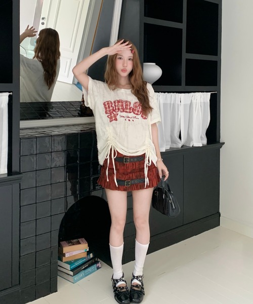 Sibra(シブラ)の「遊び心を効かせたヴィンテージムード。チェックロゴ刺繍ドロストTシャツ(Tシャツ/カットソー・レディース・ブラック/アイボリー/ピンク/グレー・M)」の8枚目の写真